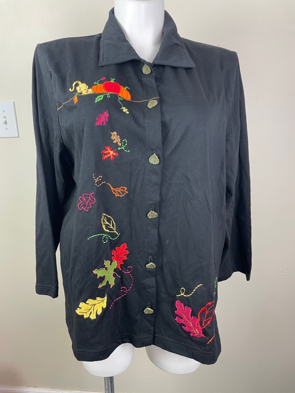 Onque Woman Pumpkin Cats Falling Leaves Button Down